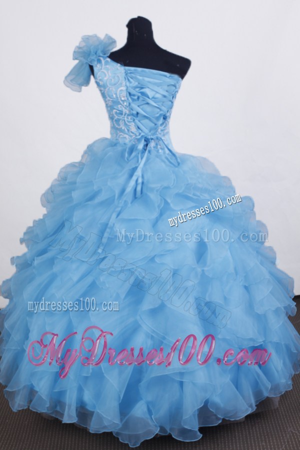 Exclusive Ball Gown Little Girl Pageant Dress One Shoulder Floor-length Aqua Blue Organza Beading