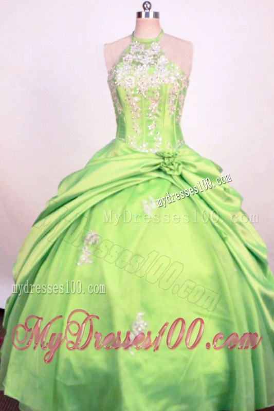 Fashionable Spring Green Ball Gown Little Girl Pageant Dress Halter Hand Made Flower Taffeta