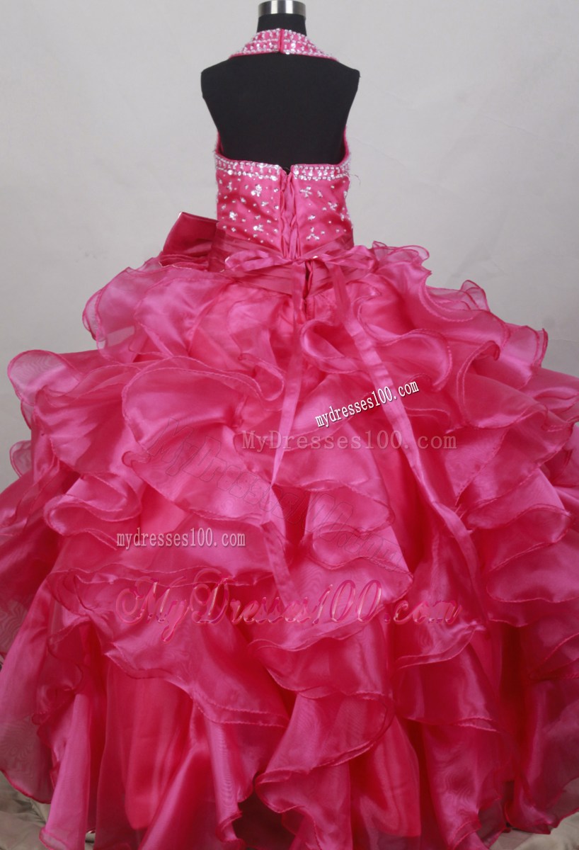 Fushsia Flower Girl Pageant Dress With Halter Neckline Beaded Decorate Bodice