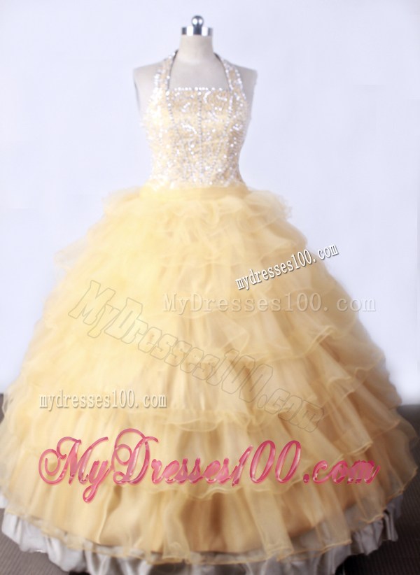 Gold and Halter For Little Girl Pageant Dresses With Ruffled Layers and Beading