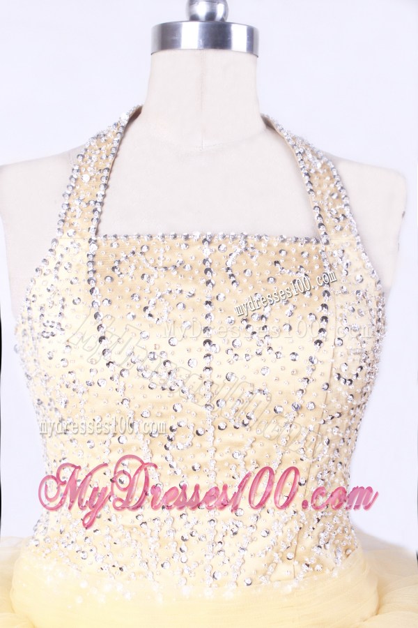 Gold and Halter For Little Girl Pageant Dresses With Ruffled Layers and Beading