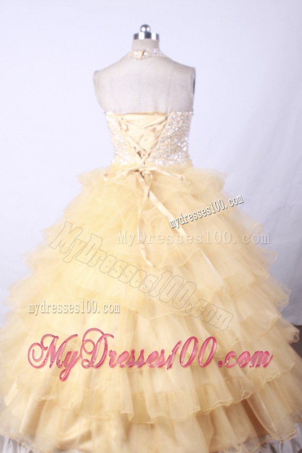 Gold and Halter For Little Girl Pageant Dresses With Ruffled Layers and Beading