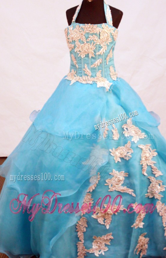 Lovely A-line Appliques Decorate Halter Floor-length Little Pageant Girl Dress