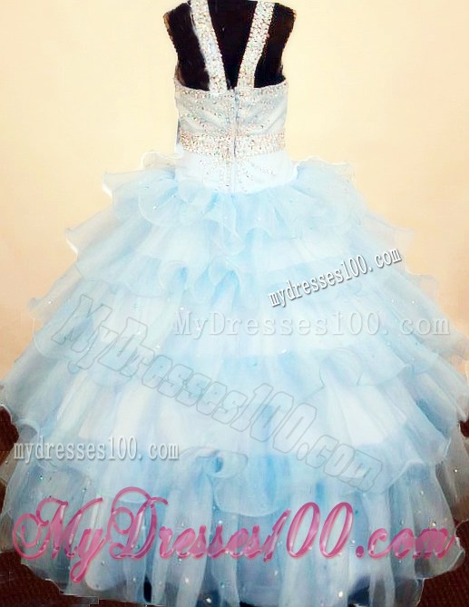 Lovely Baby Blue Ruffled Layeres Little Girl Pageant Dresses Square Neck Floor-Length Ball Gown