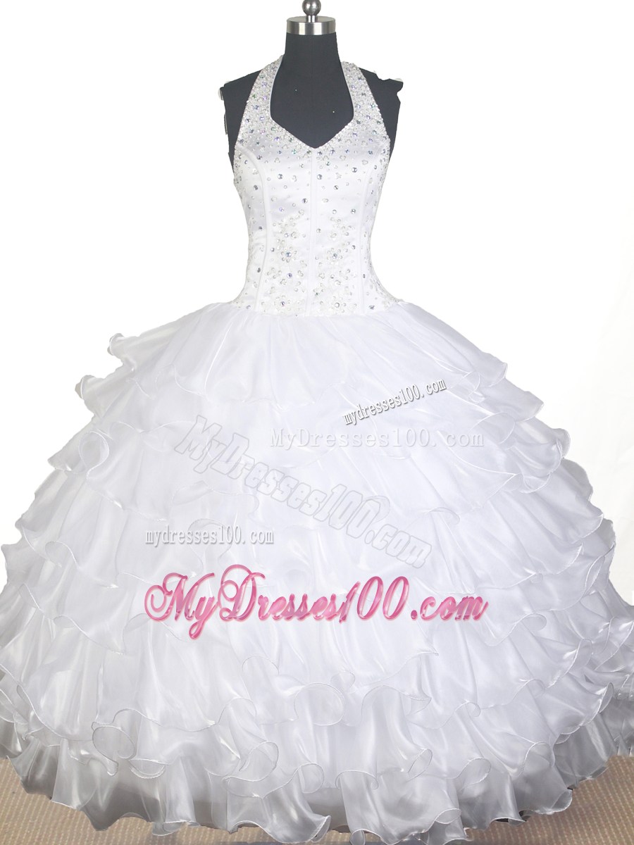 White Halter Top Floor-length Beading Ruffled Layers Little Gril Pageant Dress