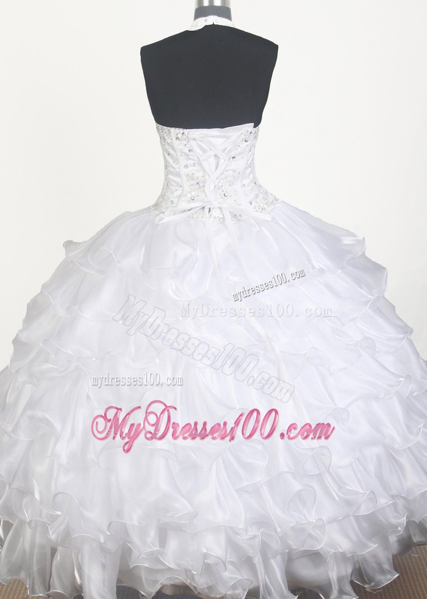 White Halter Top Floor-length Beading Ruffled Layers Little Gril Pageant Dress