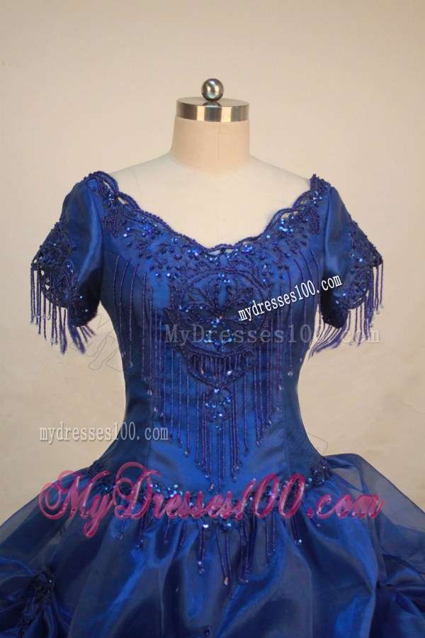 Luxurious Blue V-neck Short Sleeves Beaded Decorate Organza Flower Girl Pageant Dress