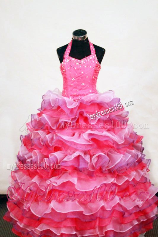 Luxurious Layer Halter Floor-Length Multi-colored Beading Little Girl Pageant Dresses Ball Gown