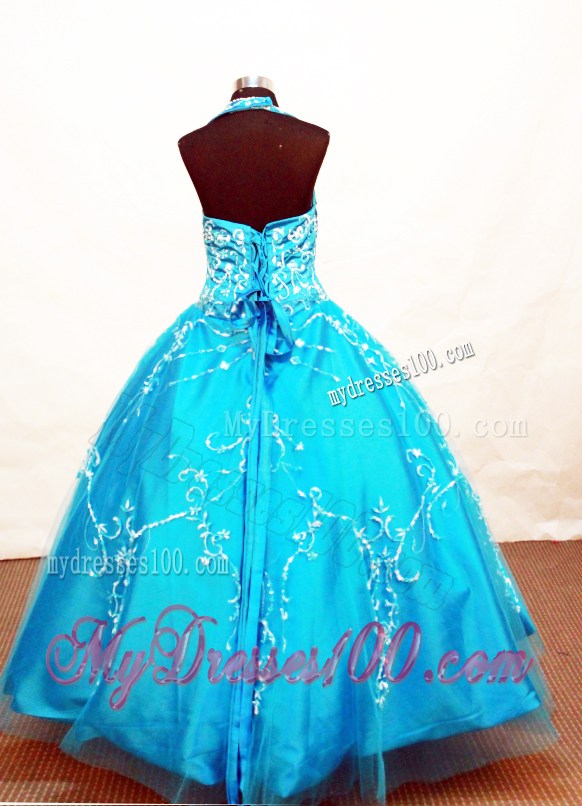 Modest Blue Flower Girl Pageant Dress With Appliques Decorate On Tulle Halter Neckline