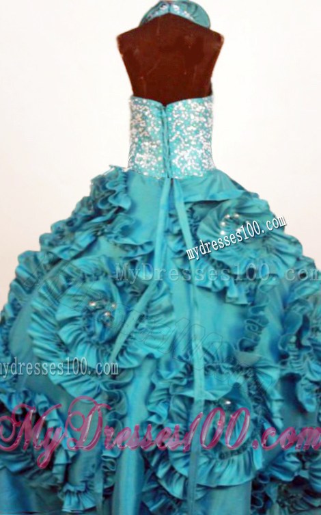 Perfect Little Girl Pageant Dresses Turquoise Halter Top Neck Ruffles Taffeta In 2013