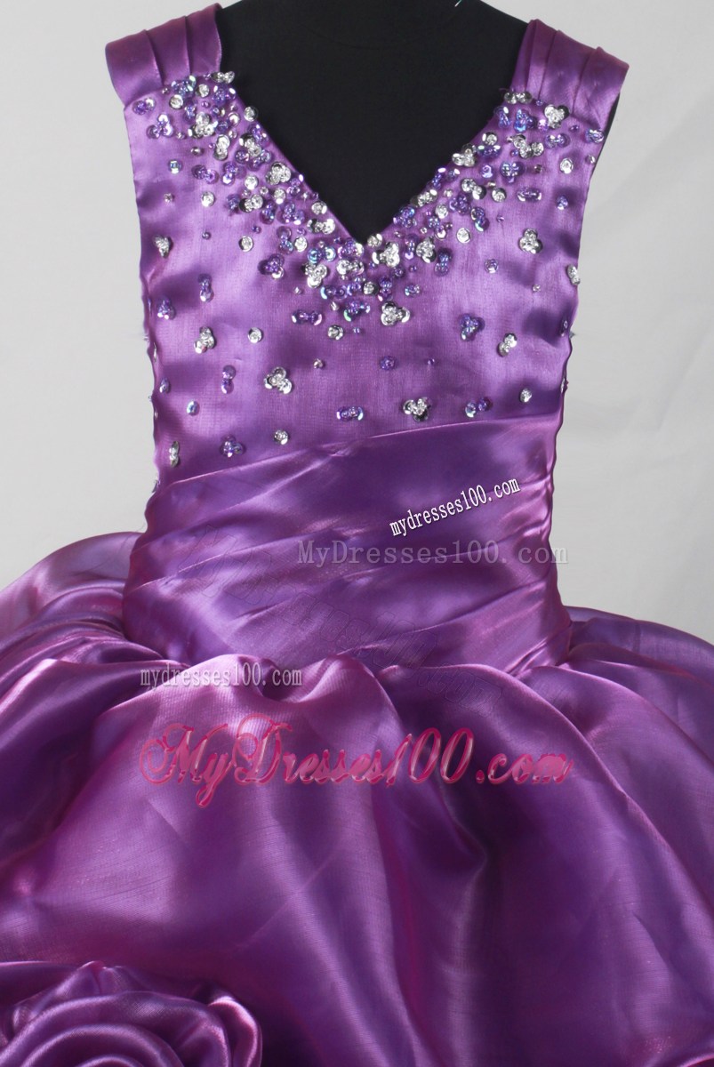 Purple Beading and Hand Made Flowers For Little Girl Pageant Dresses V-neck