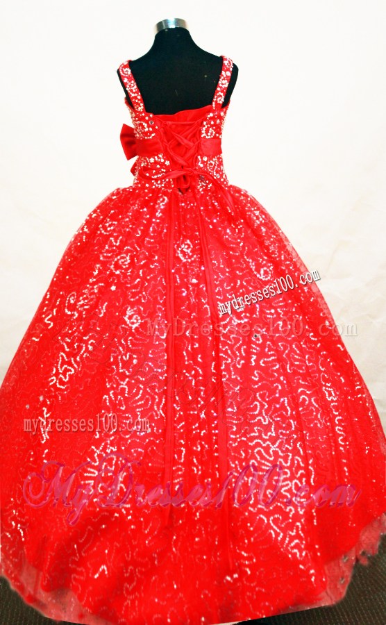 Red Custom Made Beaded Decorate Tulle Flower Girl Pageant Dress With Halter Neckline