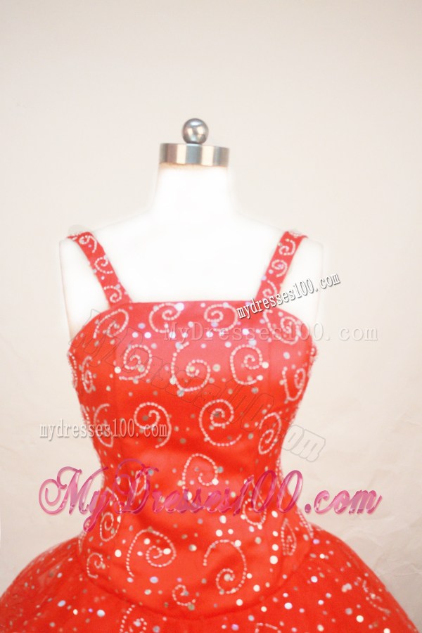 Red Sequin Straps Neckline Beaded Decorate Flower Girl Pageant Dress