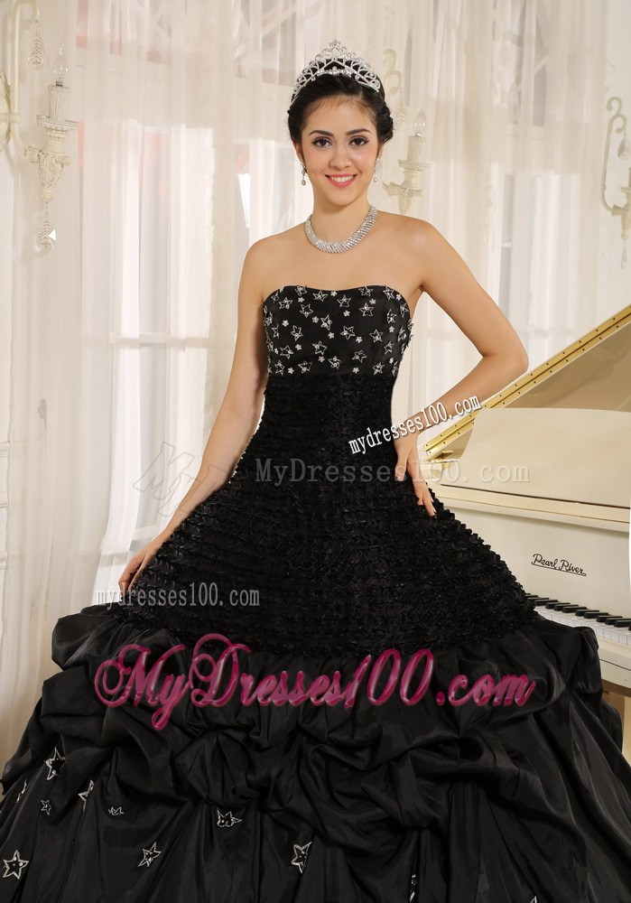 Black Strapless Dress for Sweet 15 with Appliques and Pick-ups