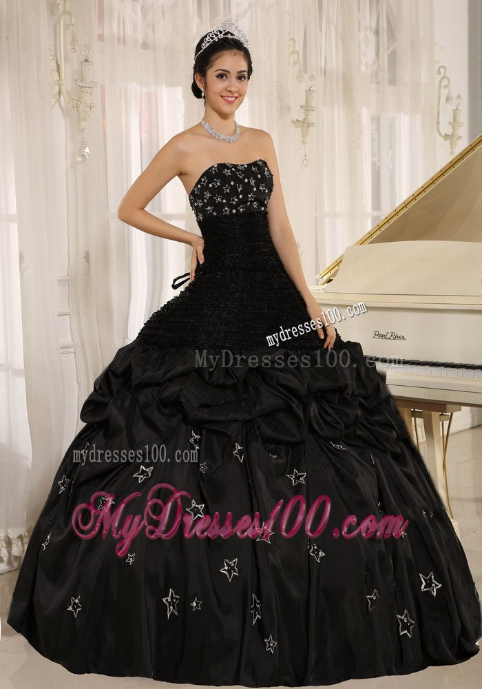 Black Strapless Dress for Sweet 15 with Appliques and Pick-ups