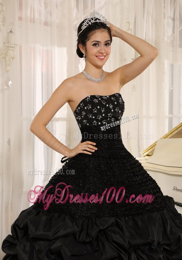 Black Strapless Dress for Sweet 15 with Appliques and Pick-ups