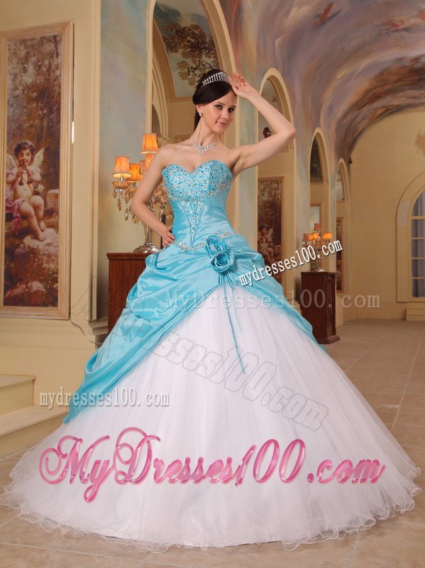 Pretty Tulle and Taffeta Quince Dress with Flowers and Appliques