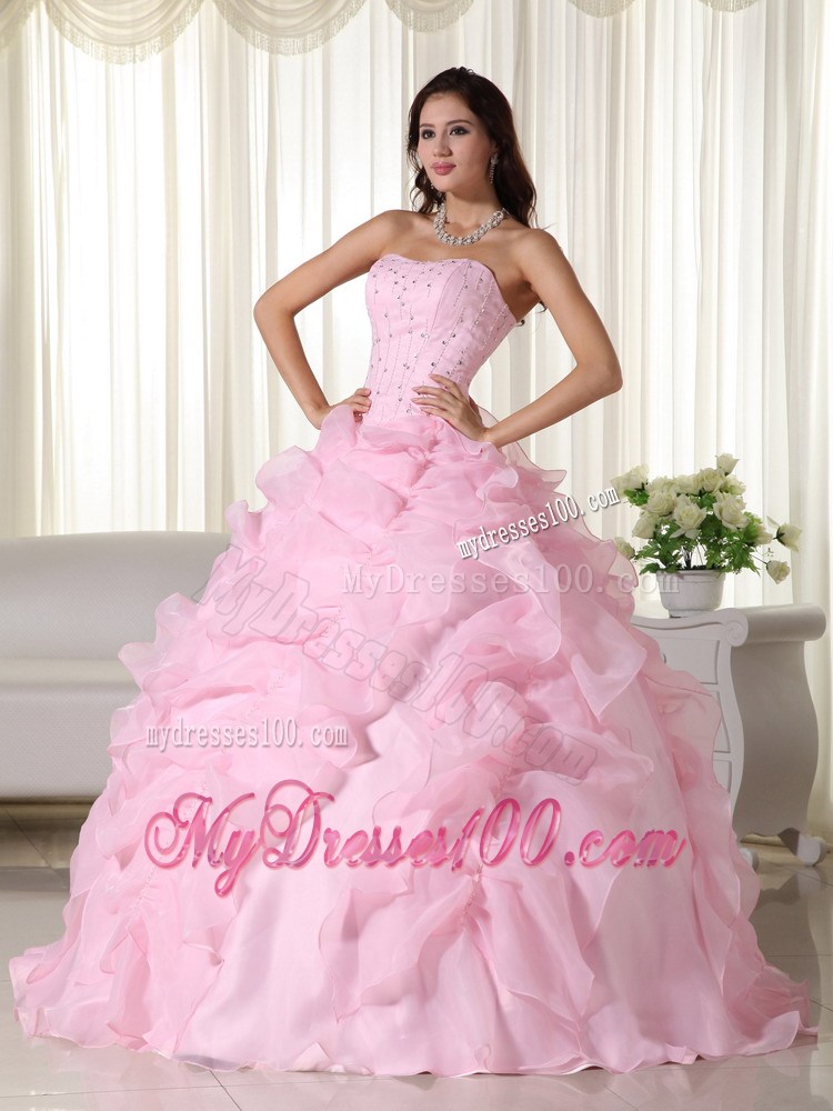 Pink Ball Gown Strapless Organza Pick-ups Beaded Quinceanera Dress