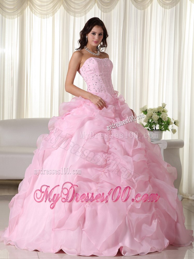 Pink Ball Gown Strapless Organza Pick-ups Beaded Quinceanera Dress