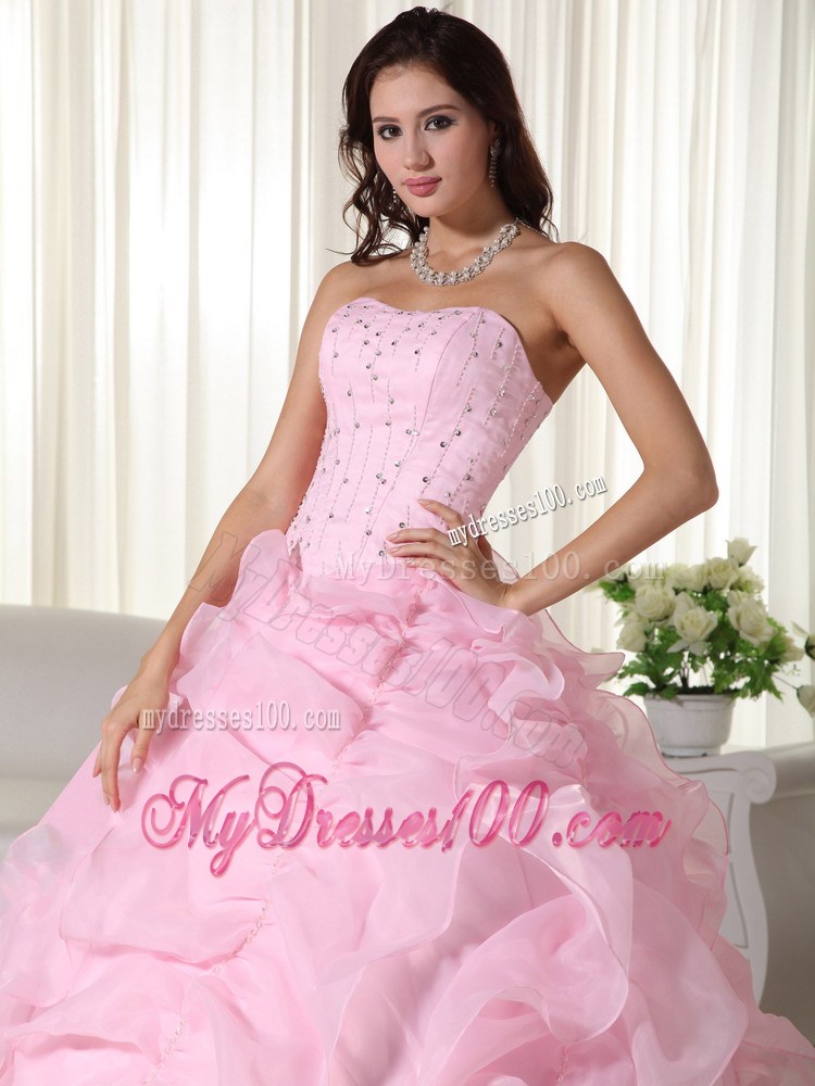 Pink Ball Gown Strapless Organza Pick-ups Beaded Quinceanera Dress