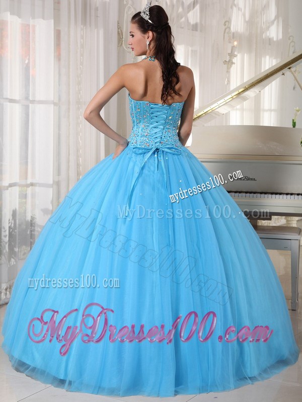 Corset Back Pleated Puffy Sweet 15 Dresses with Beading in Aqua Blue