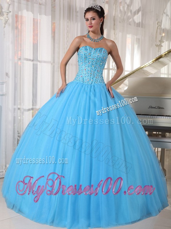 Corset Back Pleated Puffy Sweet 15 Dresses with Beading in Aqua Blue