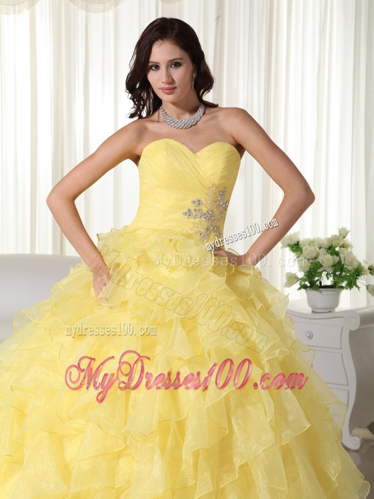 Yellow Sweetheart Organza Quince Dress Appliques and Layered Ruffles