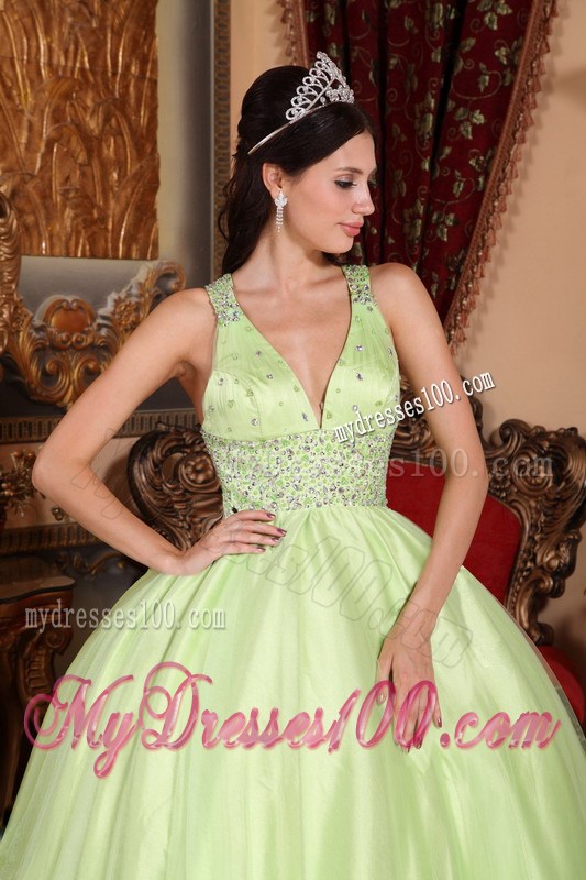 Yellow Green Ball Gown V-neck Tulle and Taffeta Beading Quince Dress