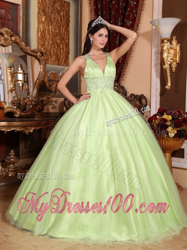 Yellow Green Ball Gown V-neck Tulle and Taffeta Beading Quince Dress