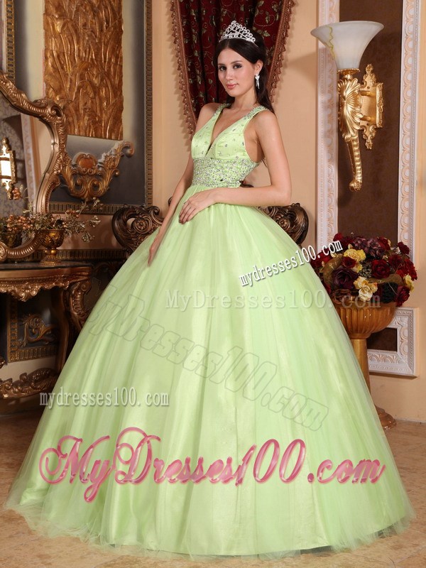 Yellow Green Ball Gown V-neck Tulle and Taffeta Beading Quince Dress