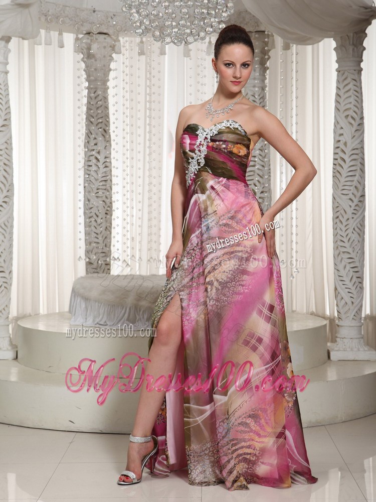 2013 Cheap High Slit Sweetheart Printing For Maxi Dress With Appliques