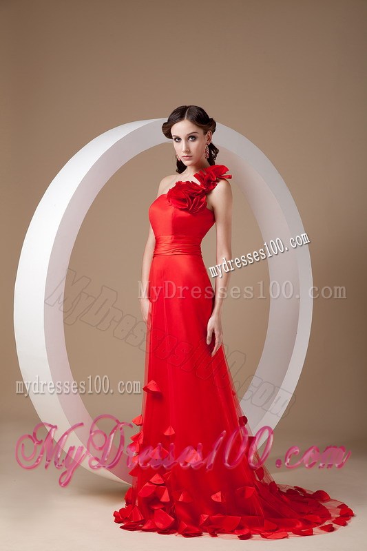 Red Empire Brush Train Hand Flowers Prom Evening Dress