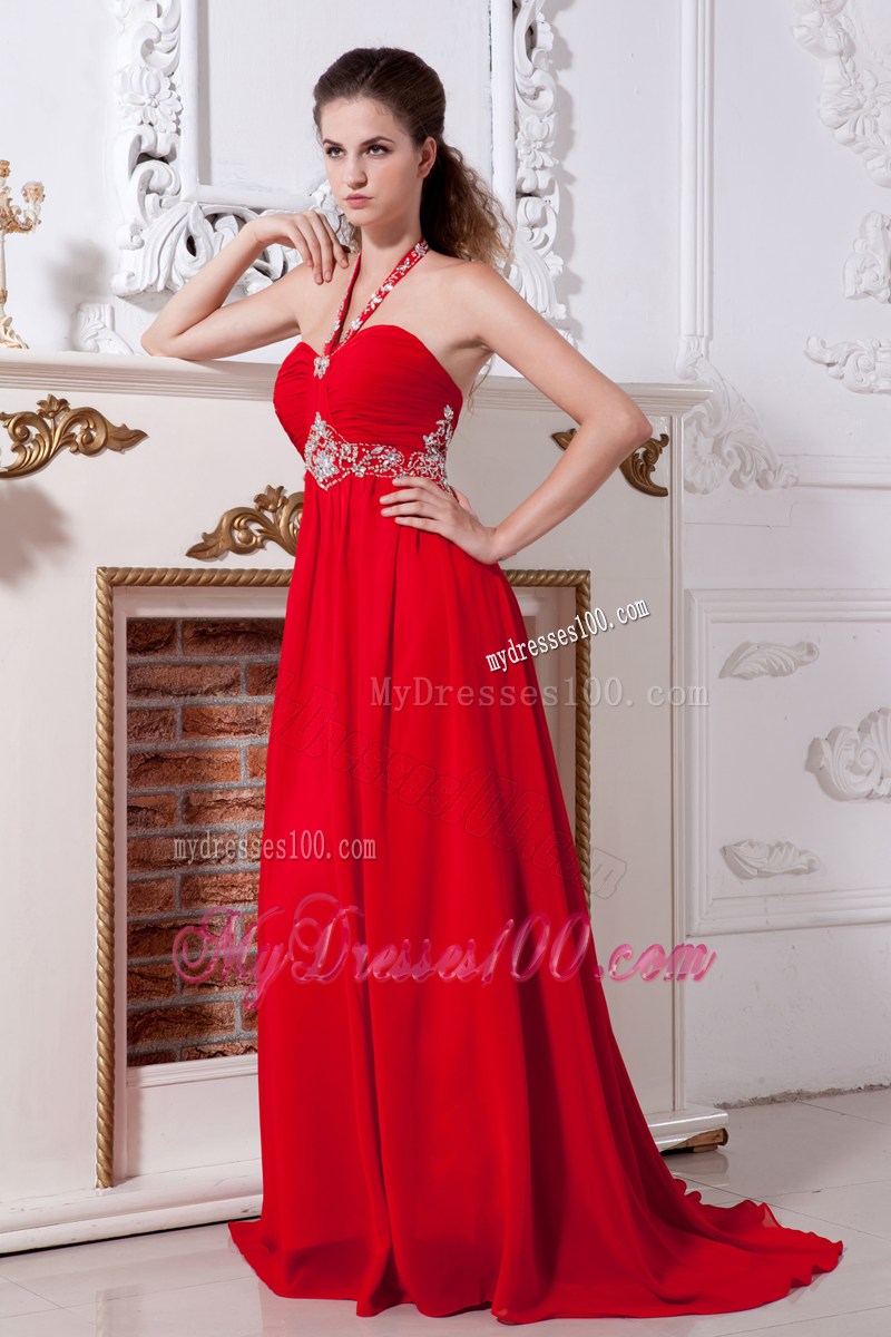 Red Empire Halter Brush Train Beaded Prom Evening Dress