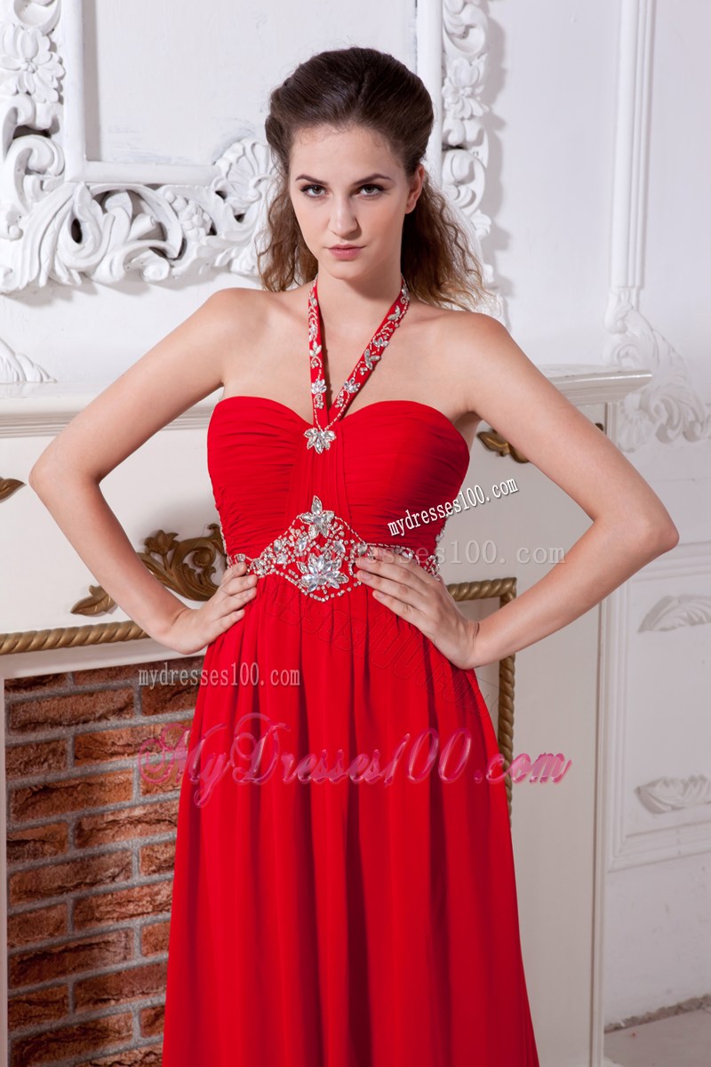 Red Empire Halter Brush Train Beaded Prom Evening Dress