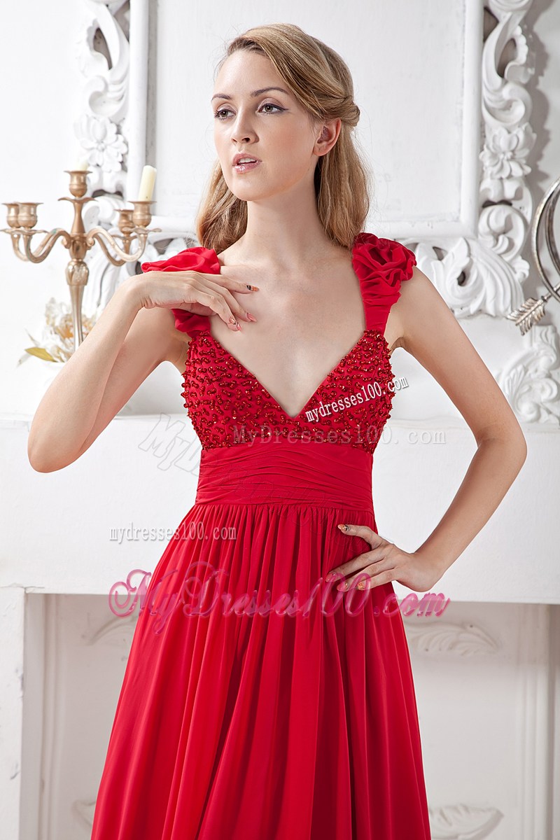 Red V-neck Beading Prom Evening Dress Brush Train