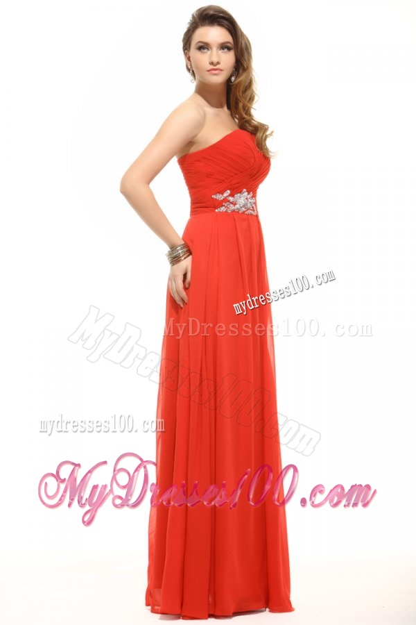 Empire Coral Red Strapless Beading and Ruching Evening Dress