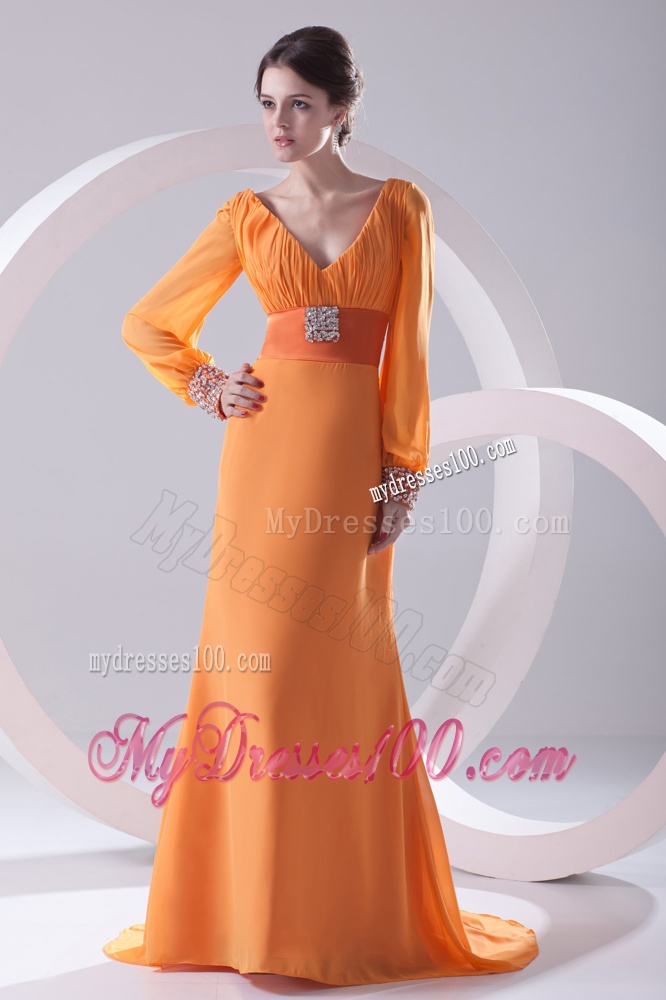 Empire Orange V-neck Long Sleeves Evening Dress with Beading and Ruching