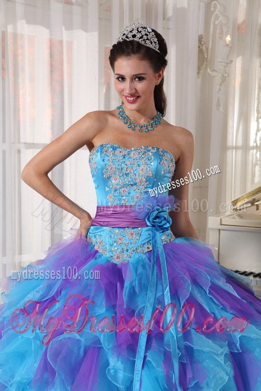 Two-toned Appliques Ruffles Sweet 15 Dresses with Handmade Flower