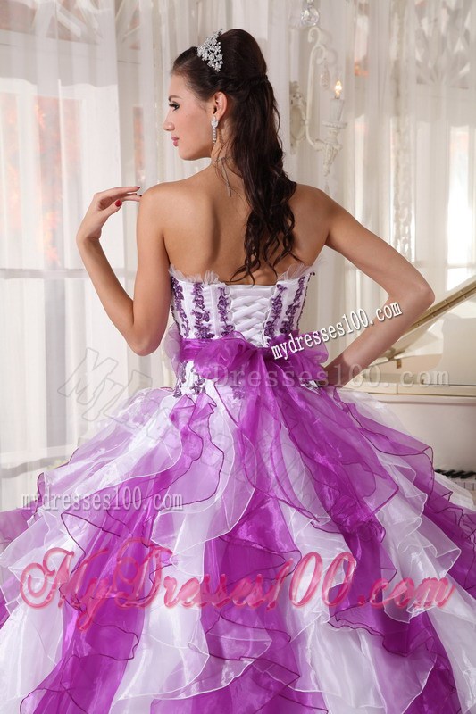 Wonderful Purple and White Ruffles Strapless Quinceanera Dresses Hot Sale