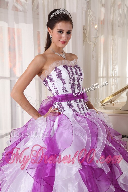 Wonderful Purple and White Ruffles Strapless Quinceanera Dresses Hot Sale