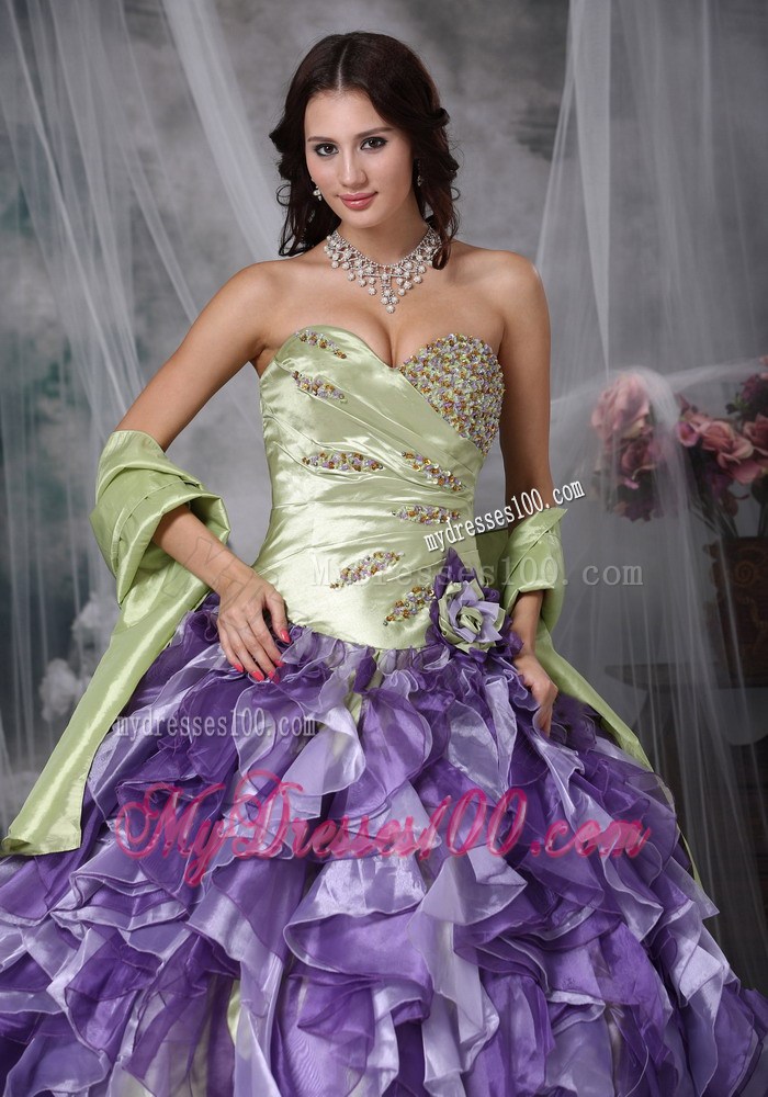 Special Ruffles Beaded Yellow Green and Purple Quinceanera Dresses