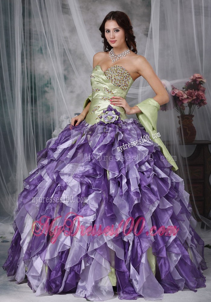 Special Ruffles Beaded Yellow Green and Purple Quinceanera Dresses