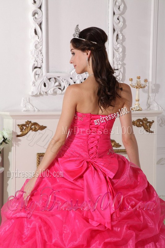 Organza Hot Pink Strapless Appliques Sweet Sixteen Dresses Bowknot Back