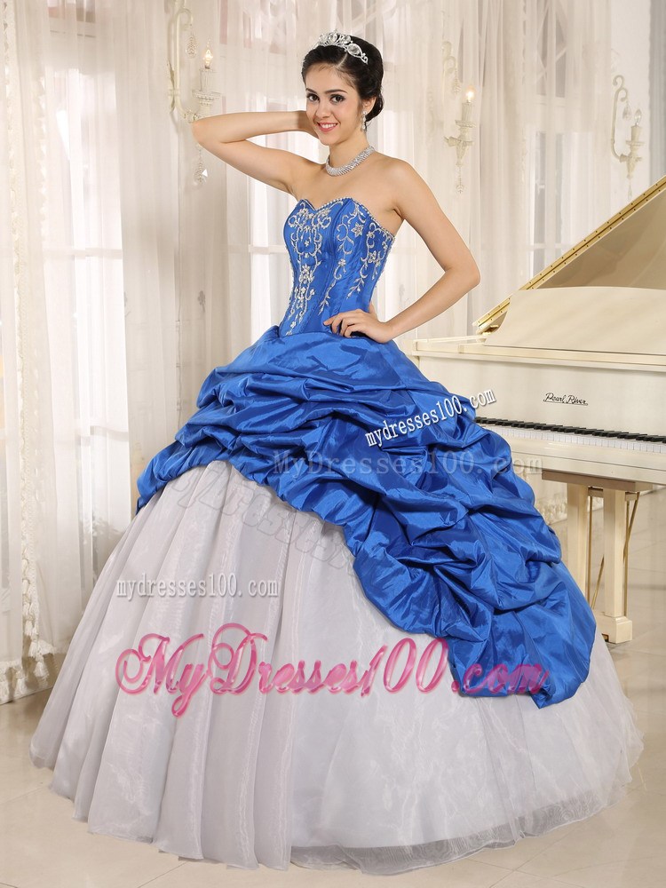 Strapless Royal Blue and White Quinceanera Dress with Beading Pick-ups