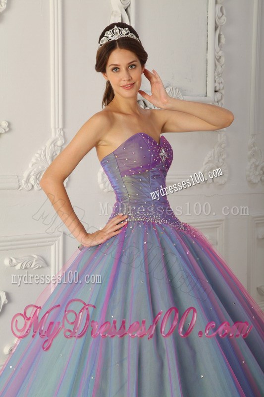 Tulle Blue and Purple Beaded Quinceanera Dresses with Ruffles