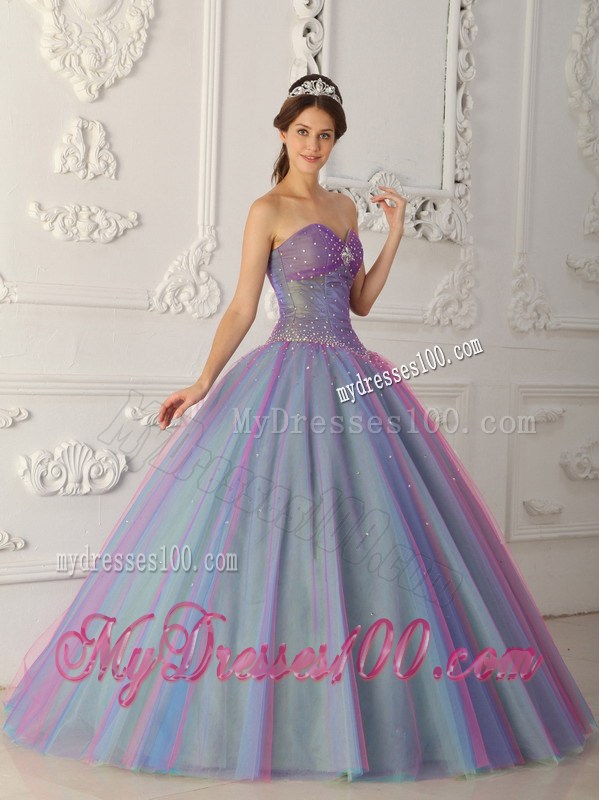 Tulle Blue and Purple Beaded Quinceanera Dresses with Ruffles