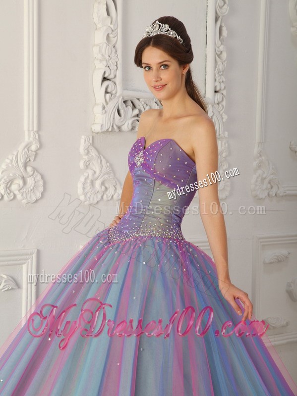 Tulle Blue and Purple Beaded Quinceanera Dresses with Ruffles