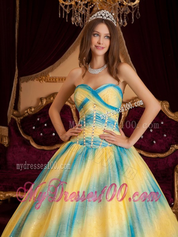 Turn Heads Yellow and Blue Striated Sweet 15 Dresses Corset Back