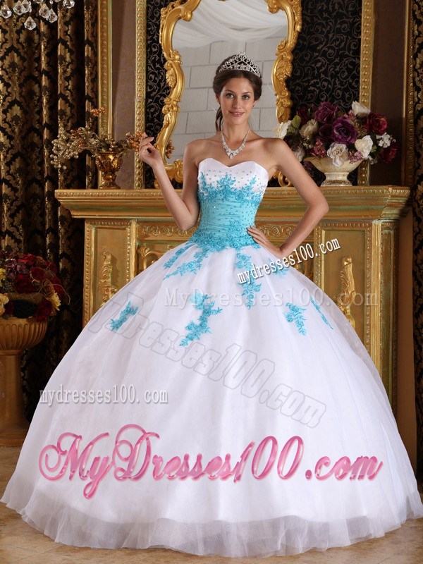 Classical Sweetheart Appliques White and Aqua Blue Fitted Dress for Sweet 15