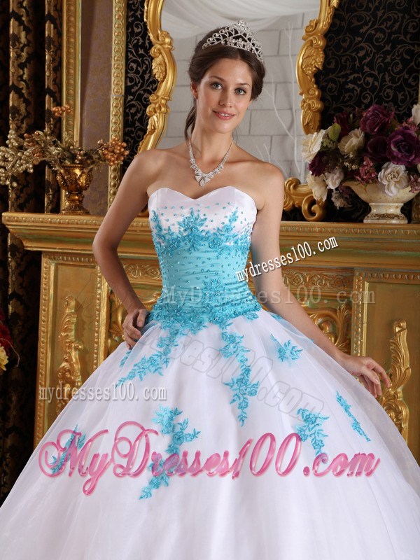 Classical Sweetheart Appliques White and Aqua Blue Fitted Dress for Sweet 15